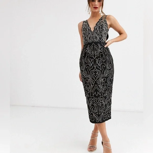 ASOS Design midi pencil dress with metalic thread embroidery and stud embellishment-Black